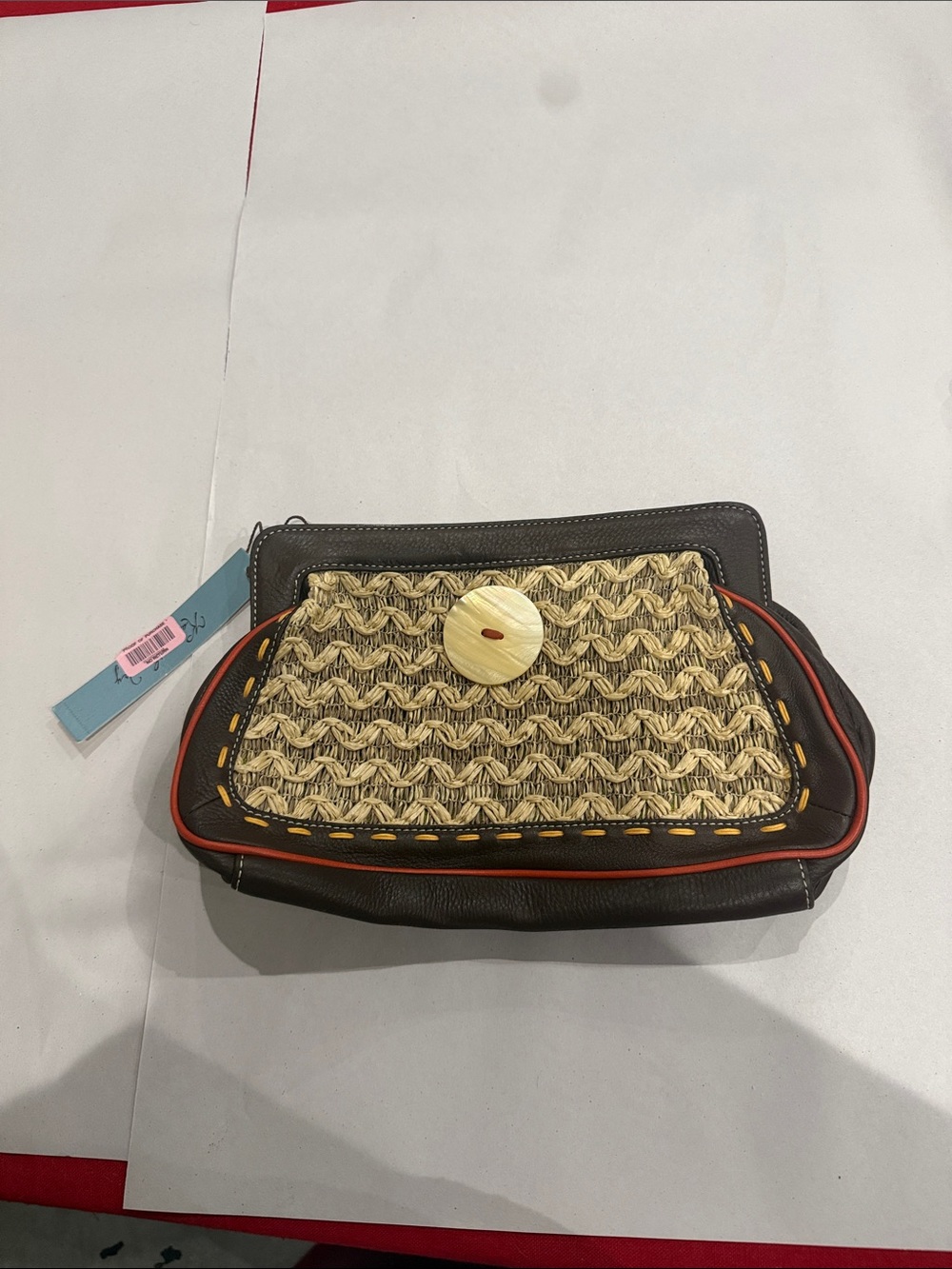 Kate Landry Brown Leather and Woven Straw Clutch with Button Accent
